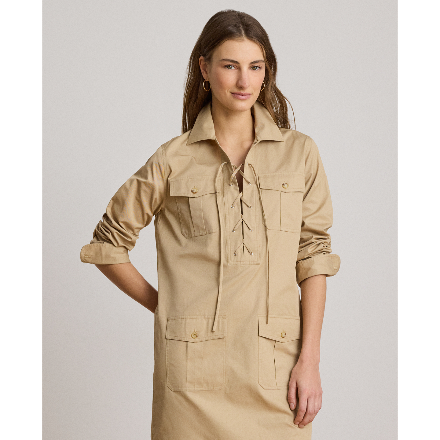 Женское платье Ralph Lauren Lace-Up Cotton Twill Shirtdress, цвет: Берёзовый рыжевато-коричневый — фото 1