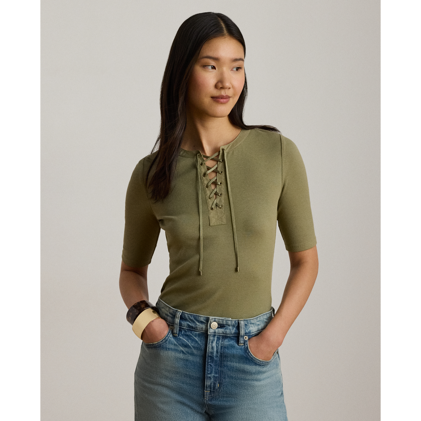 Женская футболка Ralph Lauren Lace-Up Ribbed Elbow-Sleeve, цвет: Light Agave — фото 4