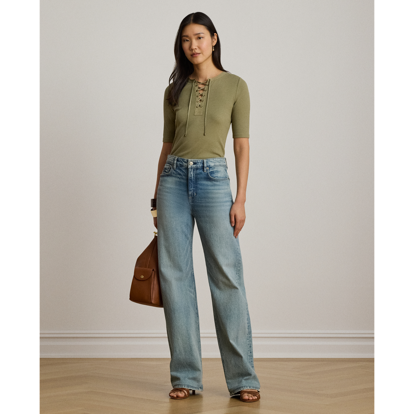 Женская футболка Ralph Lauren Lace-Up Ribbed Elbow-Sleeve, цвет: Light Agave — фото 1