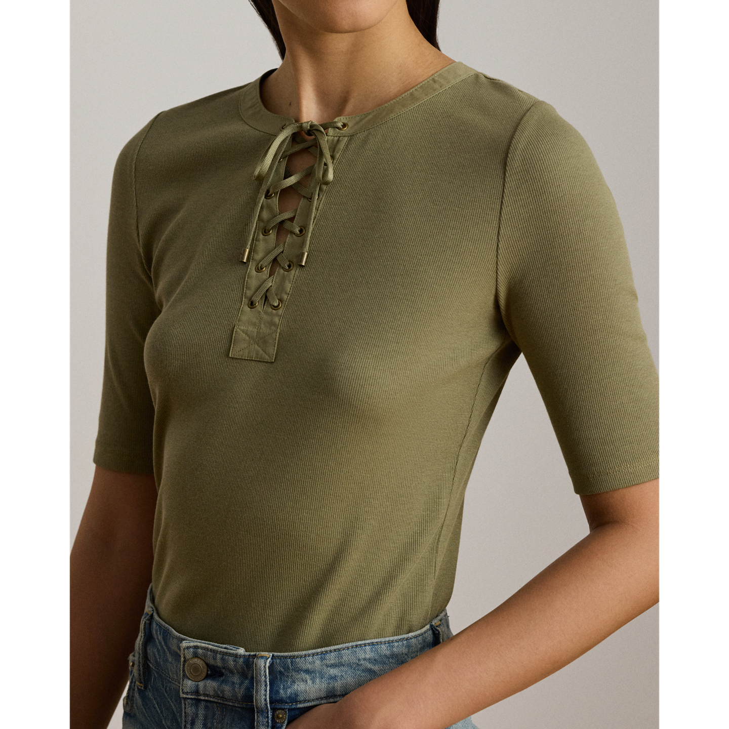 Женская футболка Ralph Lauren Lace-Up Ribbed Elbow-Sleeve, цвет: Light Agave — фото 3