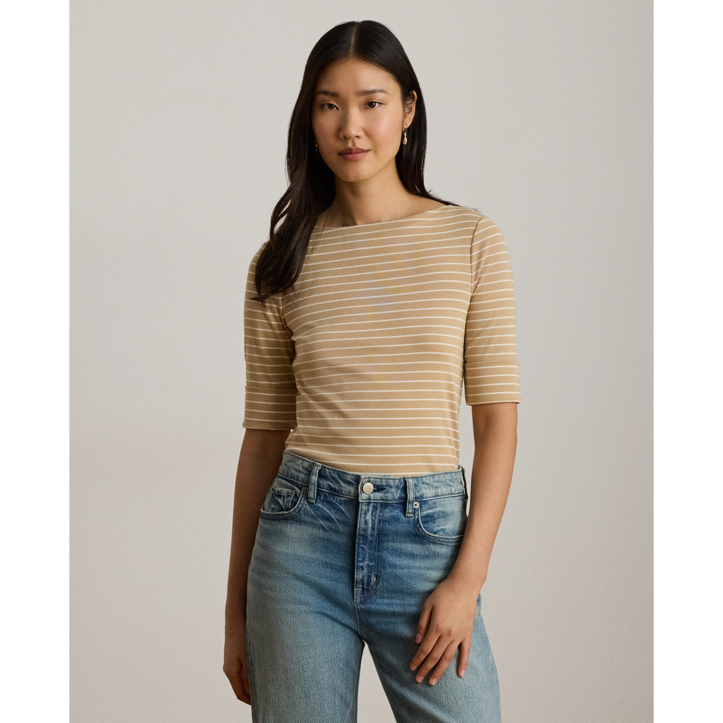 Женская футболка Ralph Lauren Striped Stretch Cotton Boatneck, цвет: Берёзовый рыжевато-коричневый / Кремовый — фото 4