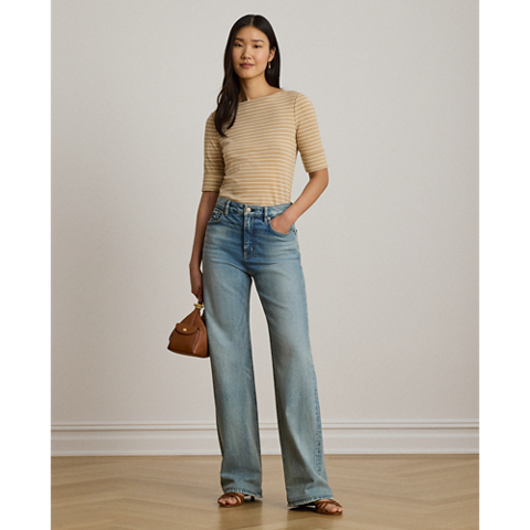 Женская футболка Ralph Lauren Striped Stretch Cotton Boatneck, цвет: Берёзовый рыжевато-коричневый / Кремовый