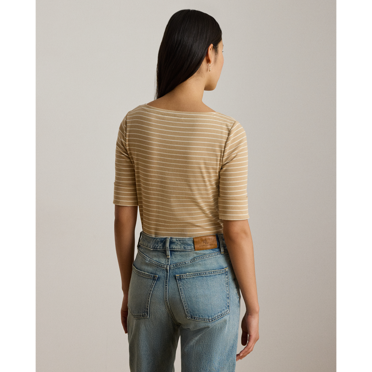 Женская футболка Ralph Lauren Striped Stretch Cotton Boatneck, цвет: Берёзовый рыжевато-коричневый / Кремовый — фото 2