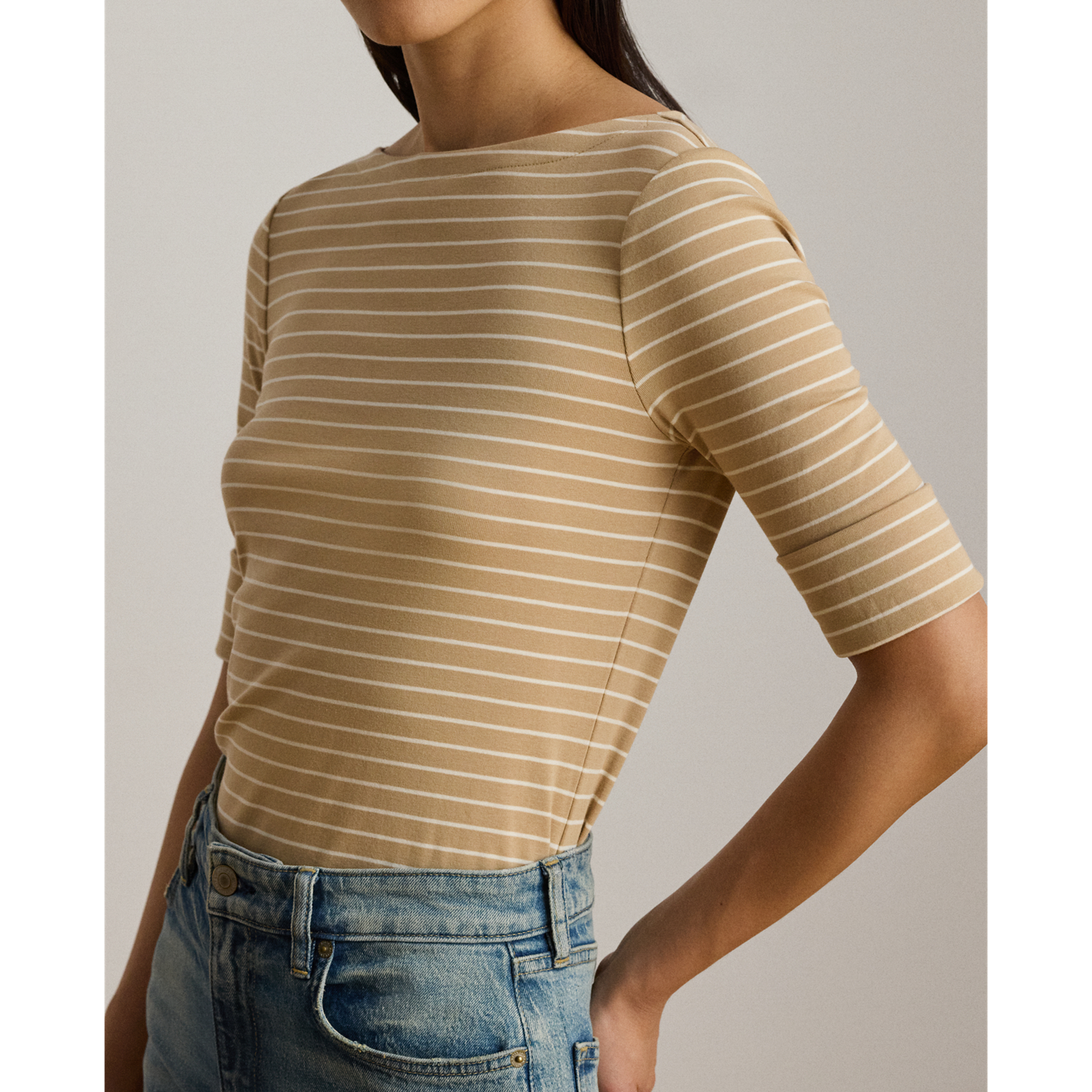 Женская футболка Ralph Lauren Striped Stretch Cotton Boatneck, цвет: Берёзовый рыжевато-коричневый / Кремовый — фото 3