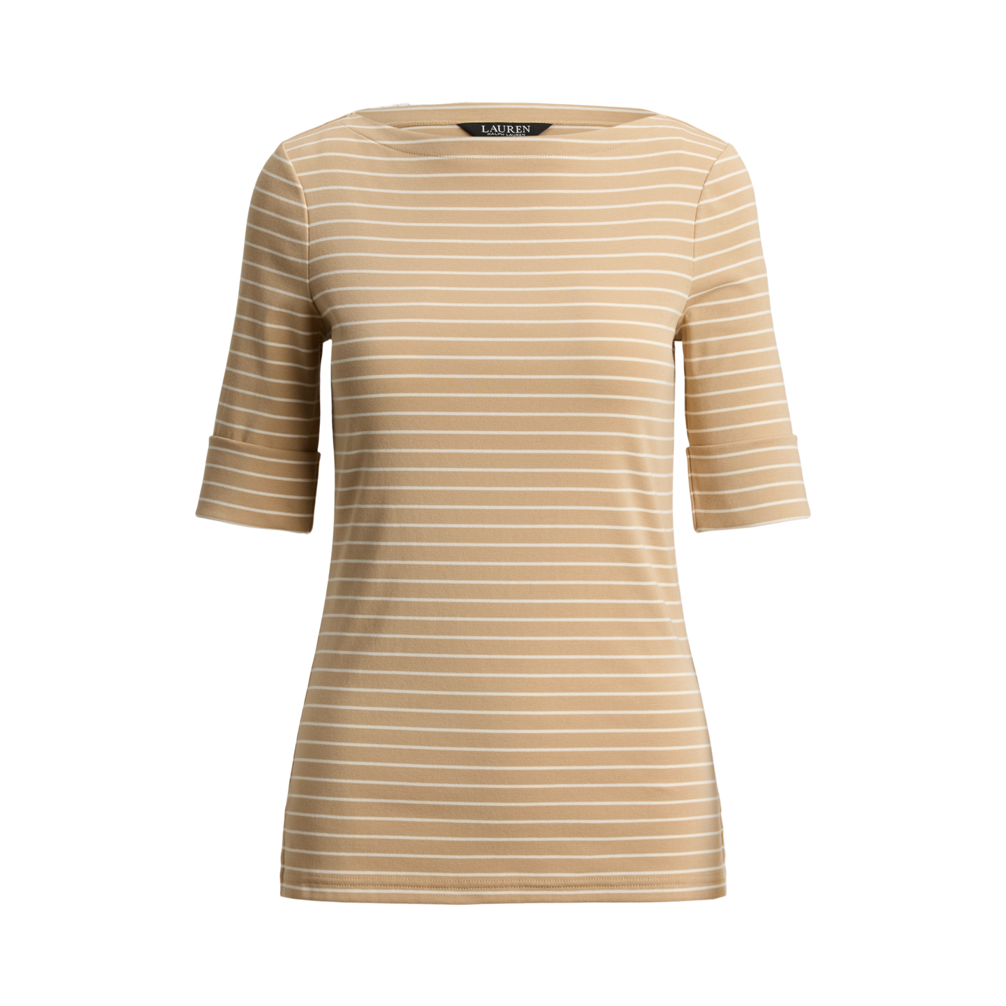 Женская футболка Ralph Lauren Striped Stretch Cotton Boatneck, цвет: Берёзовый рыжевато-коричневый / Кремовый — фото 5