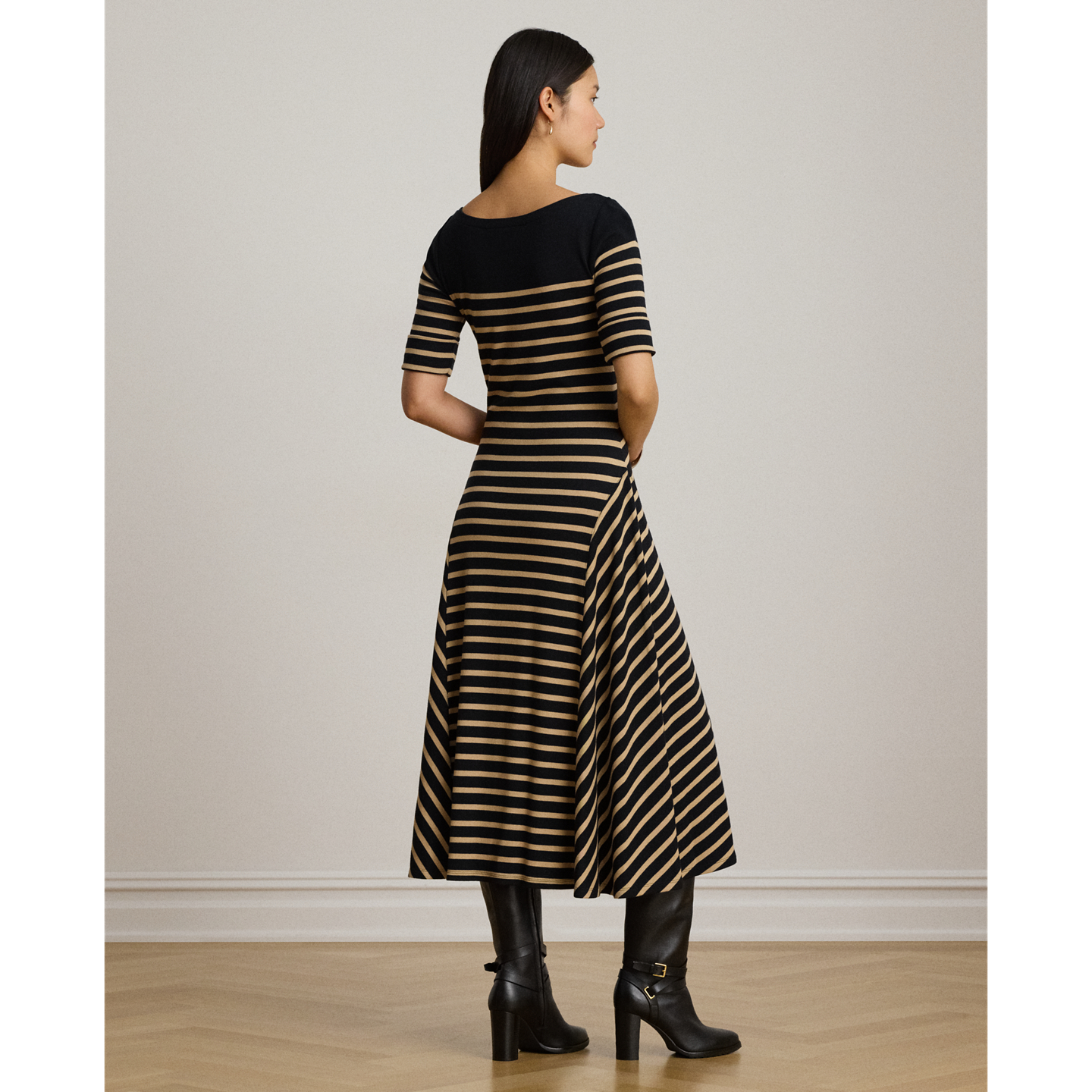 Женское платье Ralph Lauren Breton-Stripe Cotton Ribbed Midi, цвет: Чёрный / Берёзовый рыжевато-коричневый — фото 2