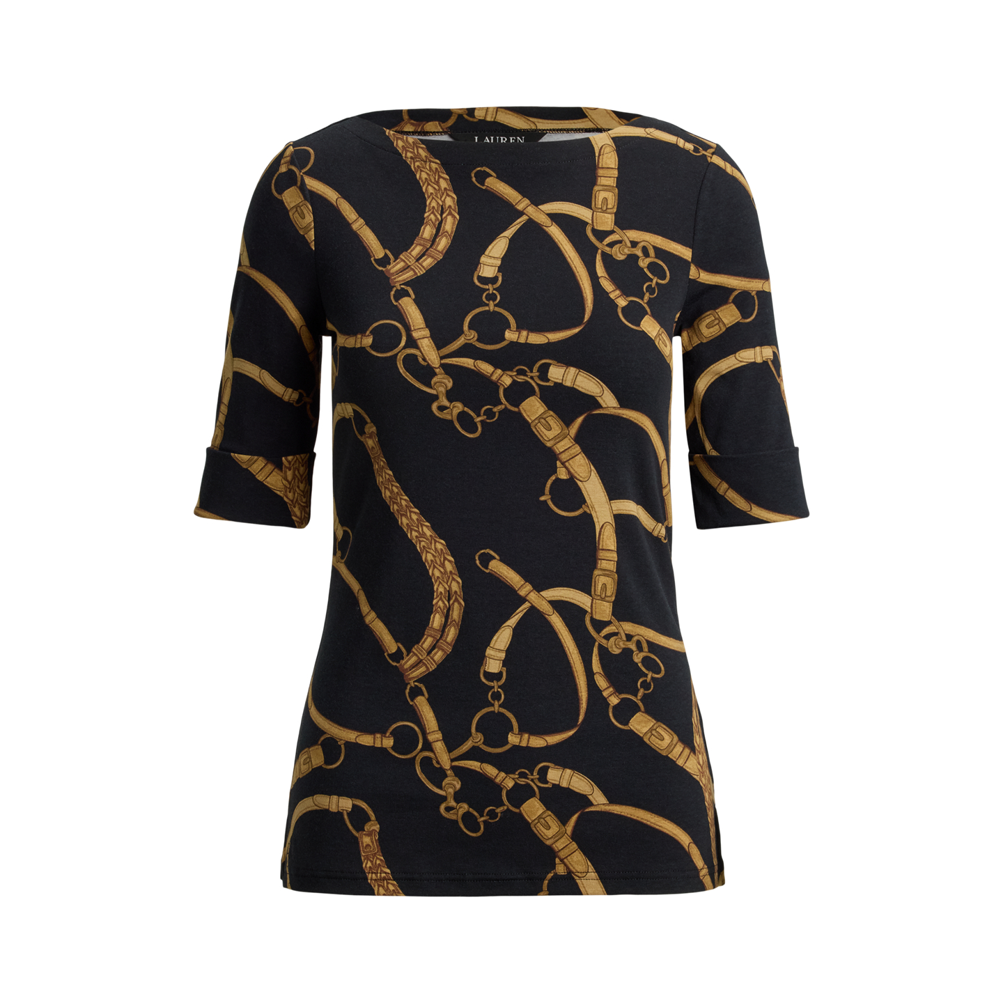 Женская футболка Ralph Lauren Belting-Print Cotton Boatneck, цвет: Чёрный / Рыжевато-коричневый — фото 5