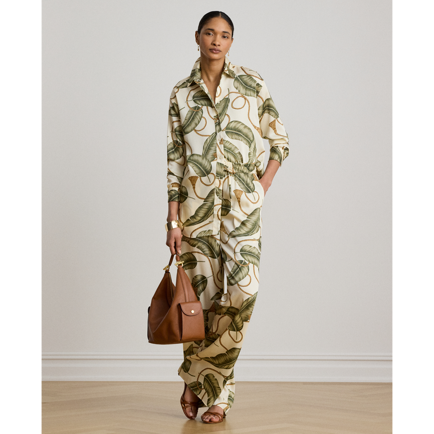 Женские брюки Ralph Lauren Rope-Print Twill Wide-Leg, цвет: Кремовый разноцветный — фото 4