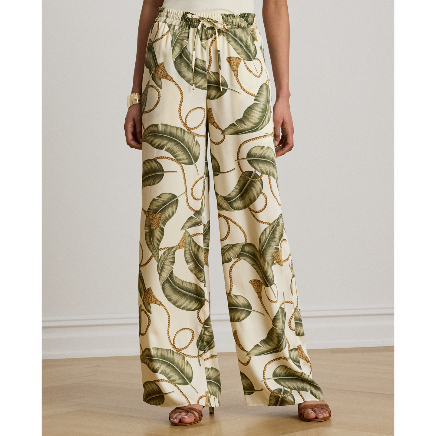 Женские брюки Ralph Lauren Rope-Print Twill Wide-Leg, цвет: Кремовый разноцветный — фото 1