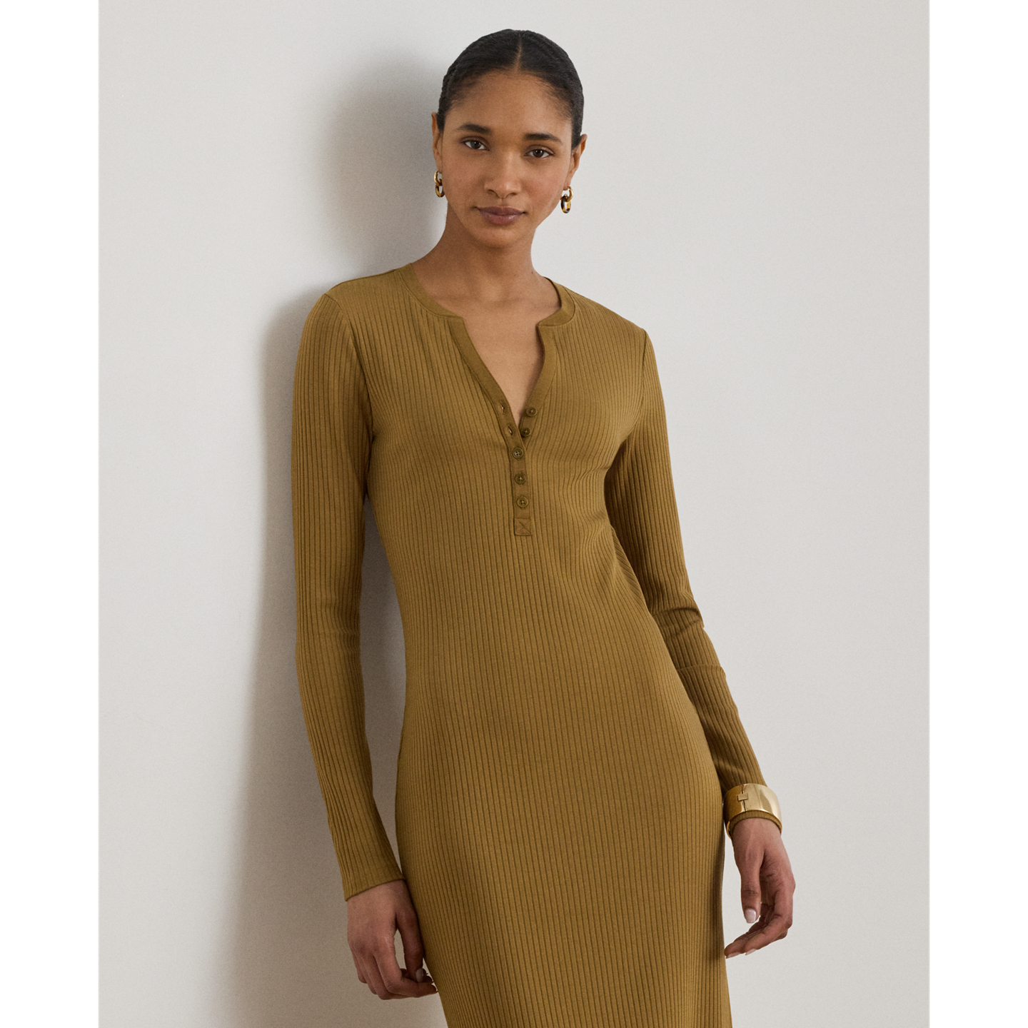 Женское платье Ralph Lauren Rib-Knit Henley Midi, цвет: Табачный бронзовый — фото 1
