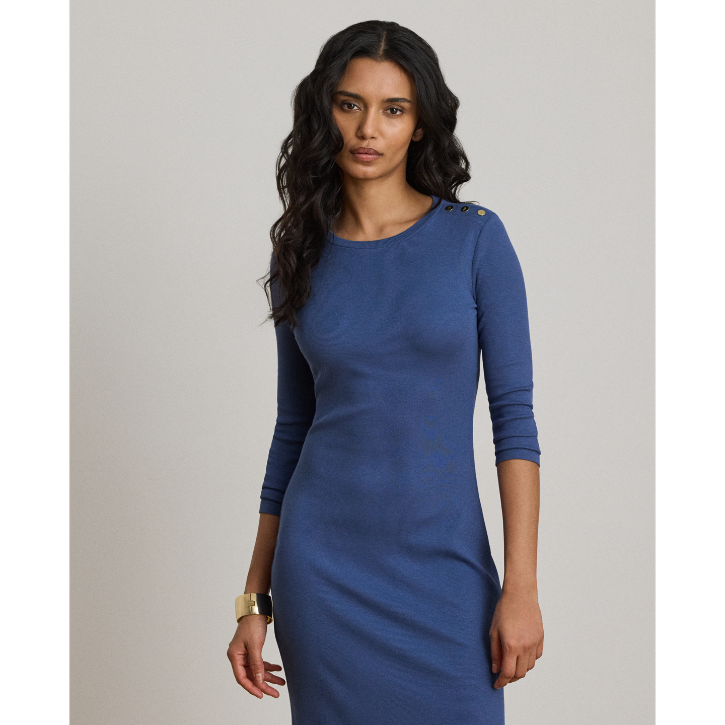 Женское платье Ralph Lauren Button-Trim Rib-Knit Midi, цвет: Синий — фото 1