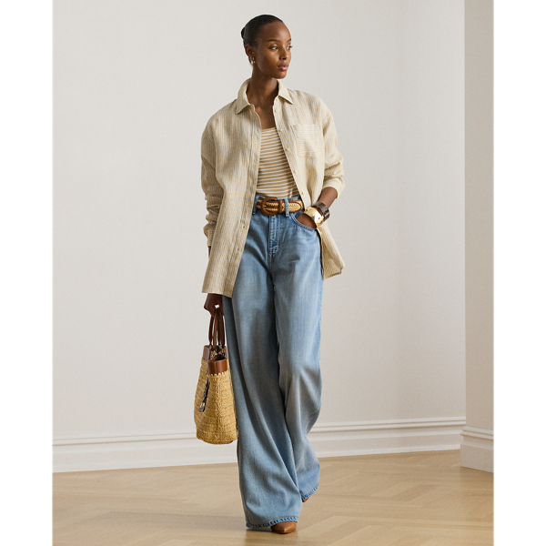 Tan/White Relaxed Fit Striped Linen Shirt Lauren Petite 4