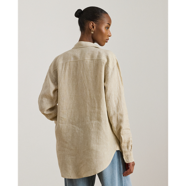 Tan/White Relaxed Fit Striped Linen Shirt Lauren Petite 5