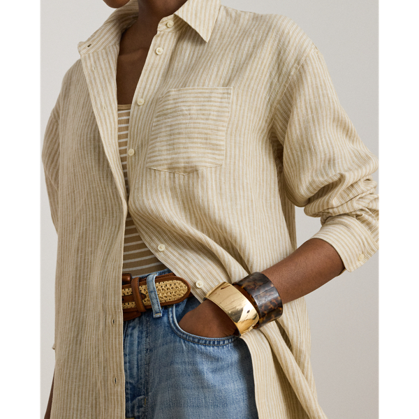 Tan/White Relaxed Fit Striped Linen Shirt Lauren Petite 6