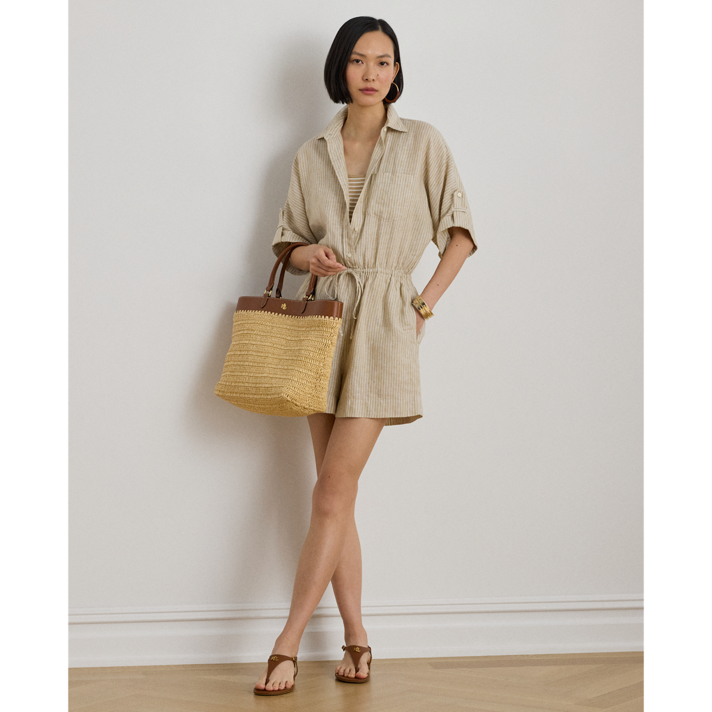 Женский комбинезон Ralph Lauren Striped Linen Roll-Tab-Sleeve Romper, цвет: Рыжевато-коричневый / Белый — фото 4