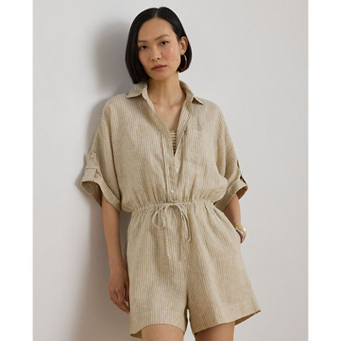 Женский комбинезон Ralph Lauren Striped Linen Roll-Tab-Sleeve Romper, цвет: Рыжевато-коричневый / Белый