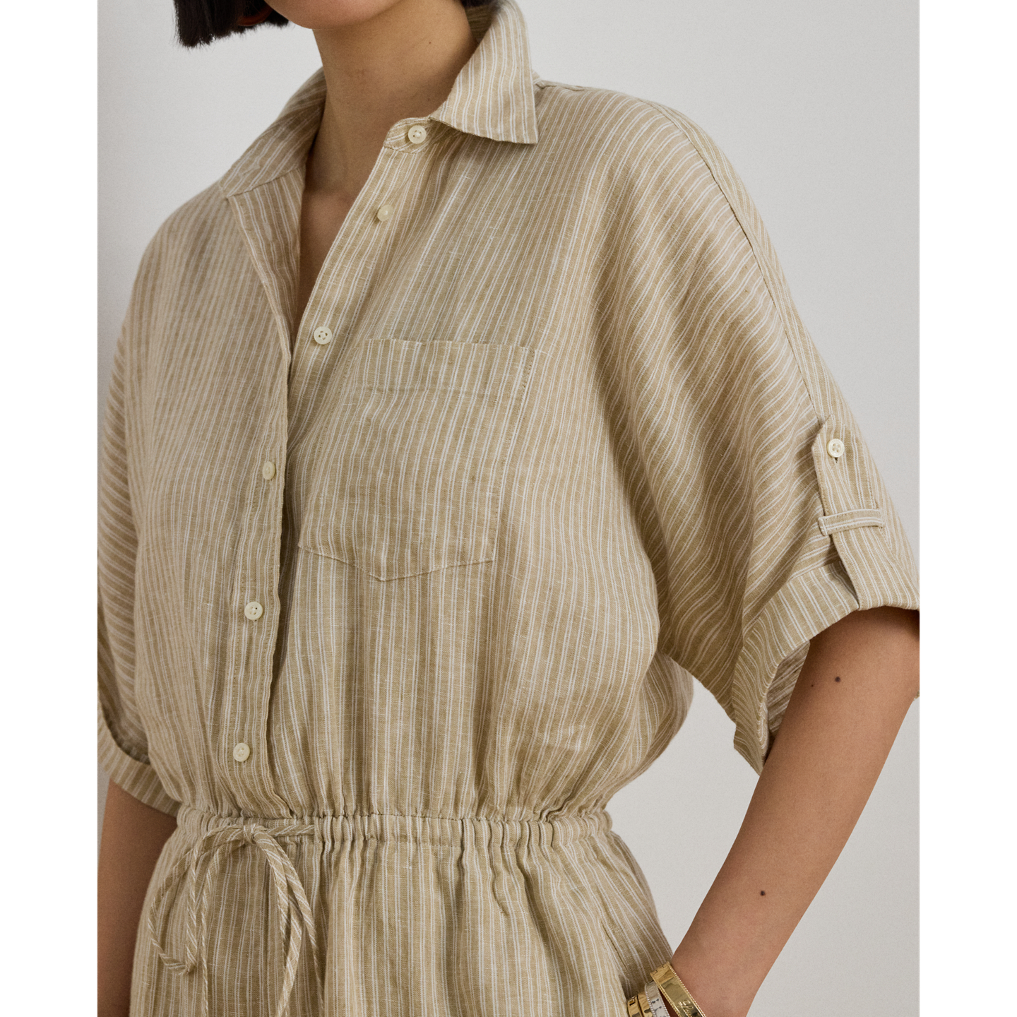 Женский комбинезон Ralph Lauren Striped Linen Roll-Tab-Sleeve Romper, цвет: Рыжевато-коричневый / Белый — фото 3