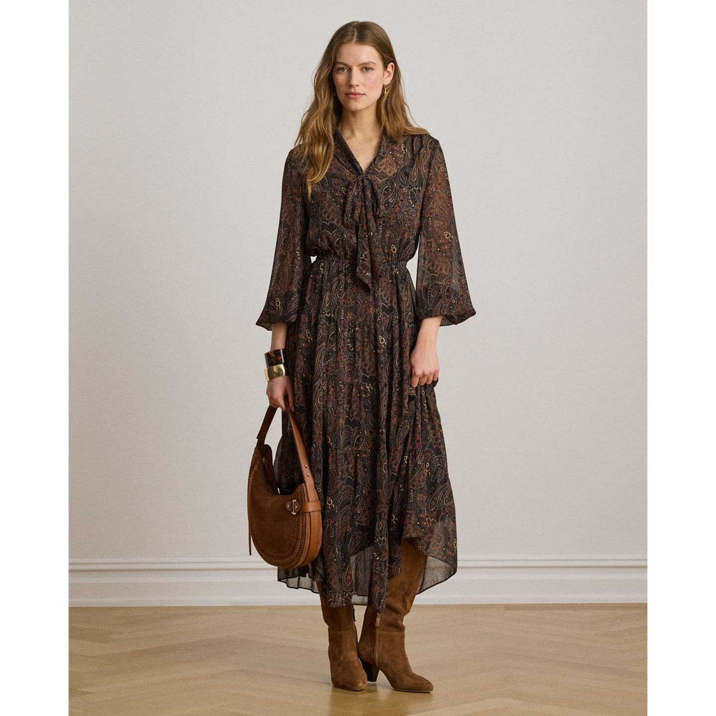 Женское платье Ralph Lauren Paisley Georgette Tie-Neck Tiered, цвет: Чёрный разноцветный — фото 4