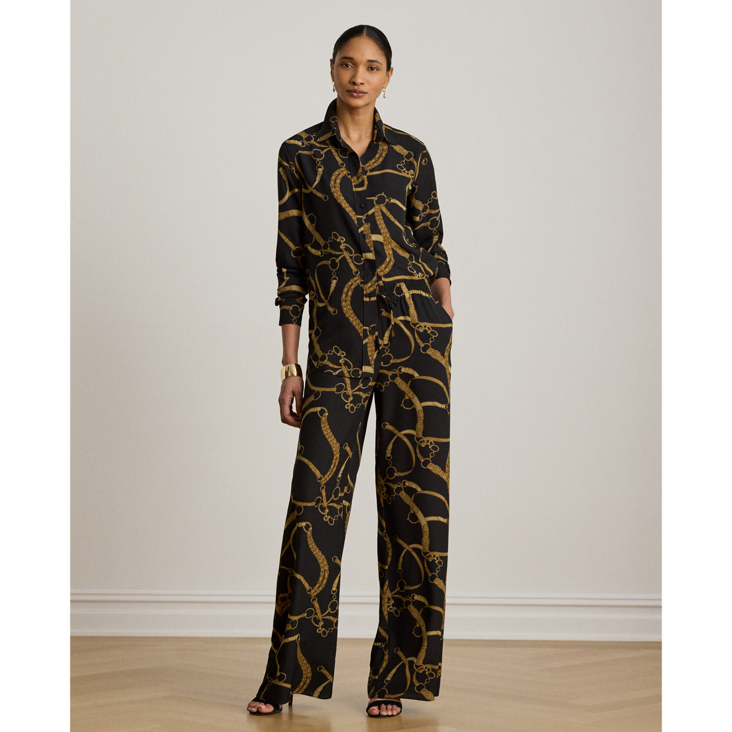 Женские брюки Ralph Lauren Belting-Print Crepe Wide-Leg, цвет: Чёрный / Рыжевато-коричневый — фото 4