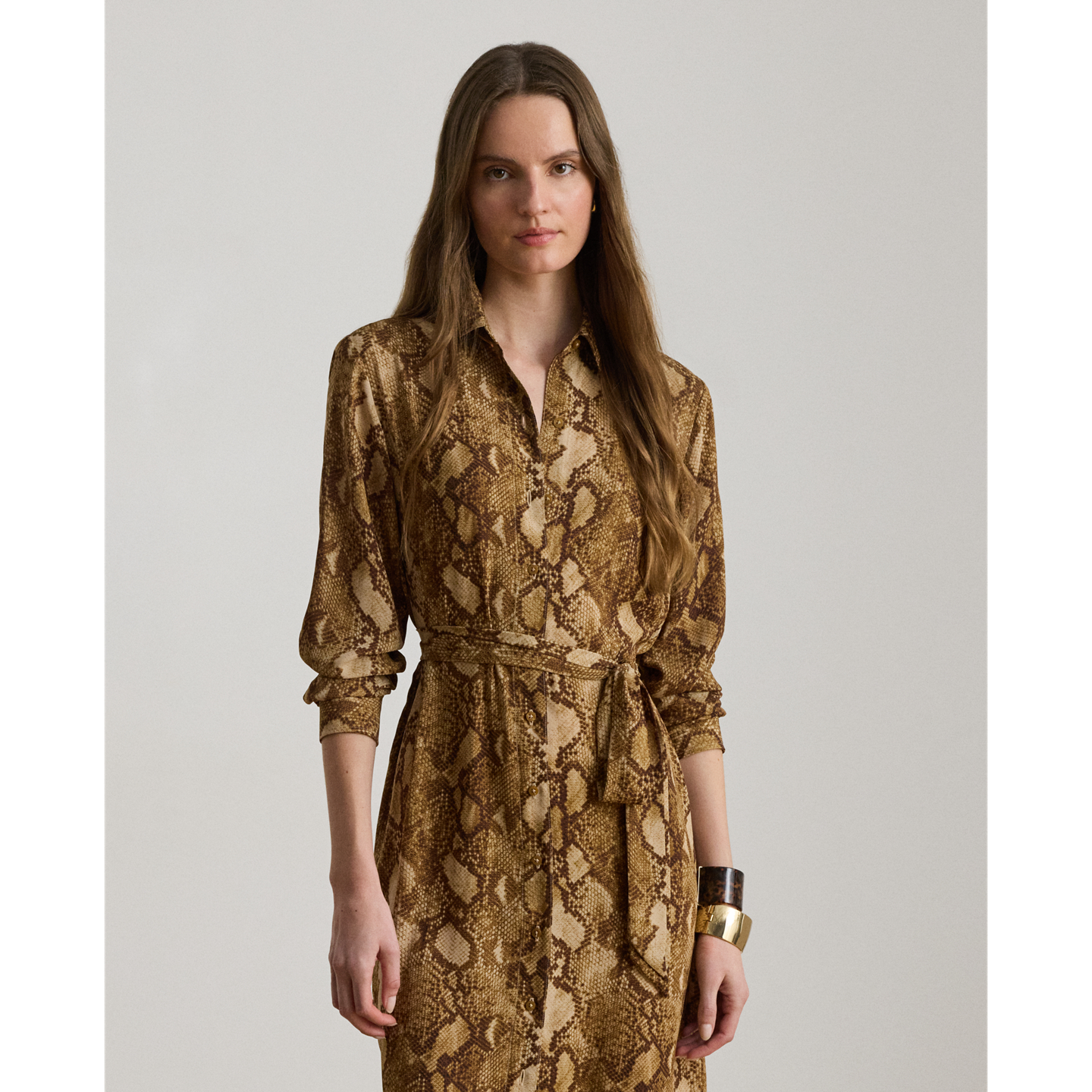 Женское платье Ralph Lauren Python-Print Georgette Shirtdress, цвет: Рыжевато-коричневый разноцветный — фото 1
