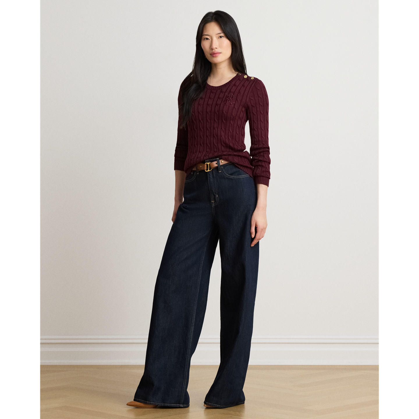Женский свитер Ralph Lauren Button-Trim Cable-Knit, цвет: Тёмный гранатовый — фото 1