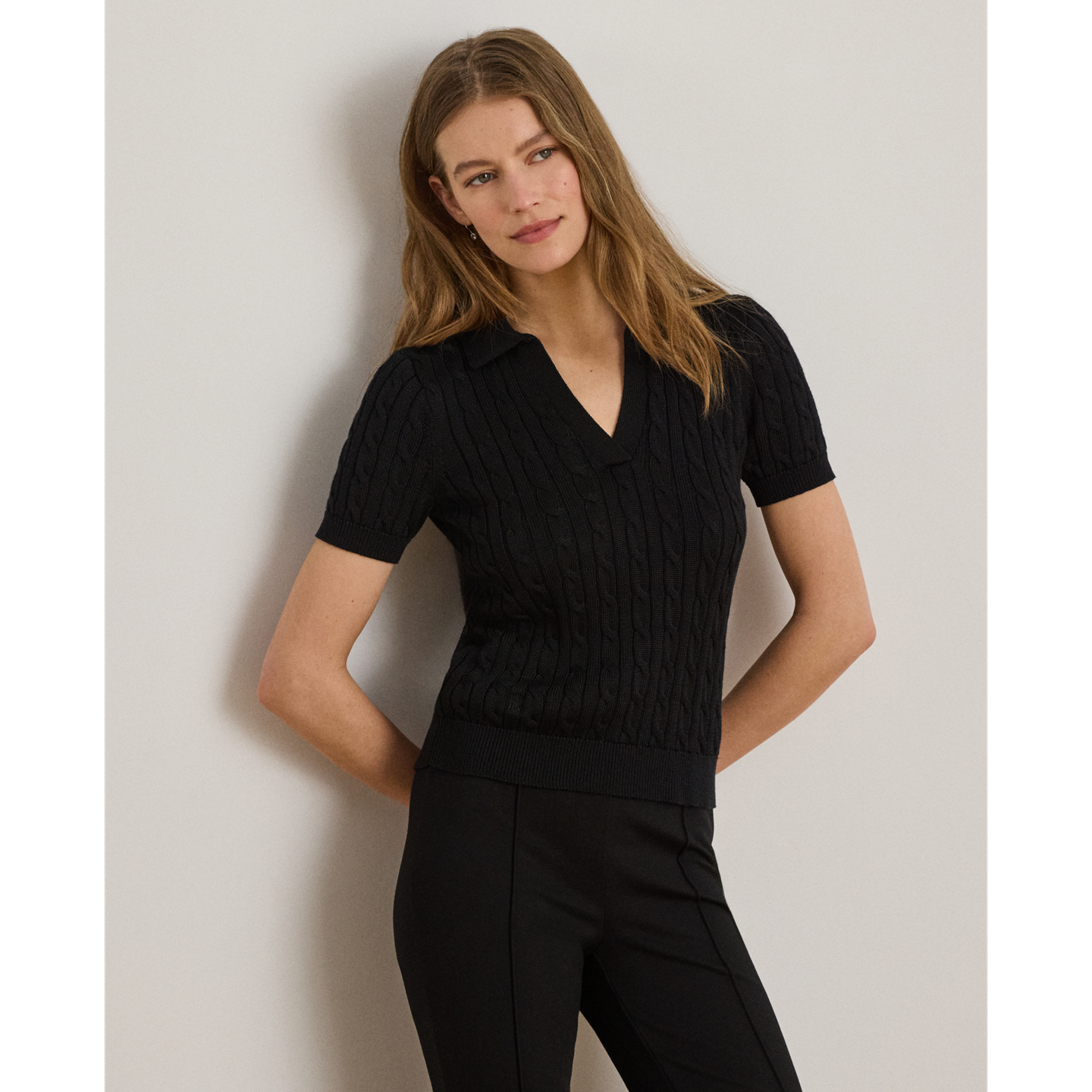 Свитер Ralph Lauren Cable Cotton-Blend Short-Sleeve Sweater, цвет: Чёрный — фото 6