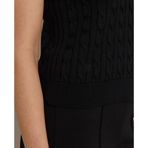 Black Cable Cotton-Blend Short-Sleeve Sweater Lauren Petite 6