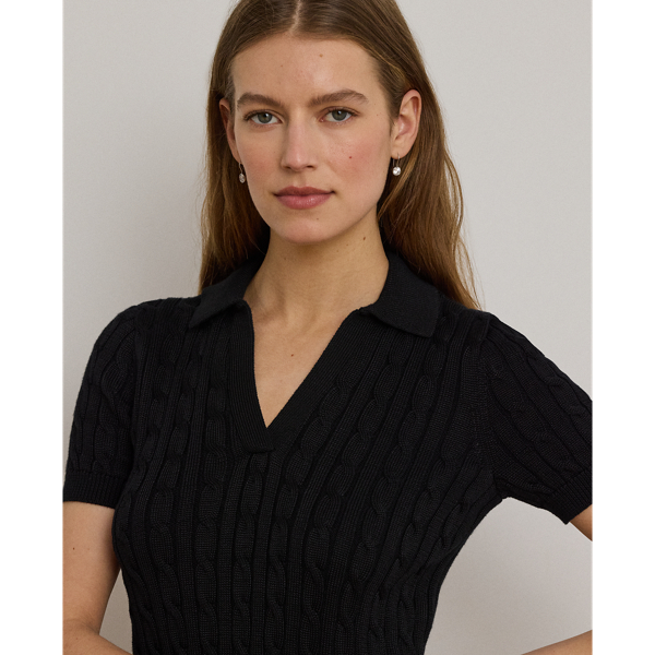 Black Cable Cotton-Blend Short-Sleeve Sweater Lauren Petite 7
