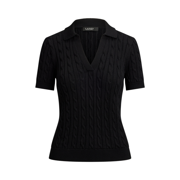 Black Cable Cotton-Blend Short-Sleeve Sweater Lauren Petite 2