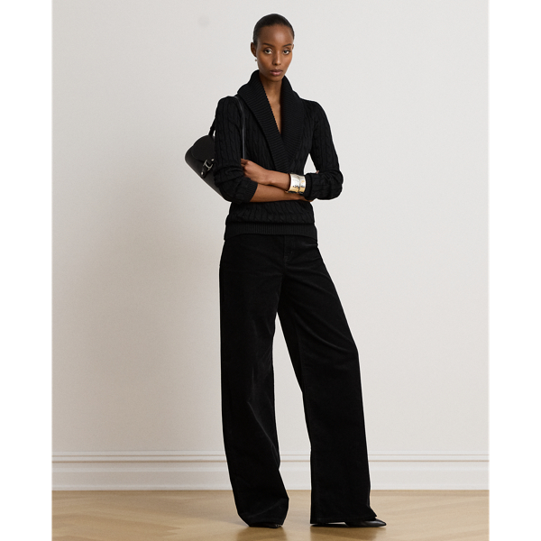 Black Cable Cotton-Blend Shawl-Collar Sweater Lauren Petite 4