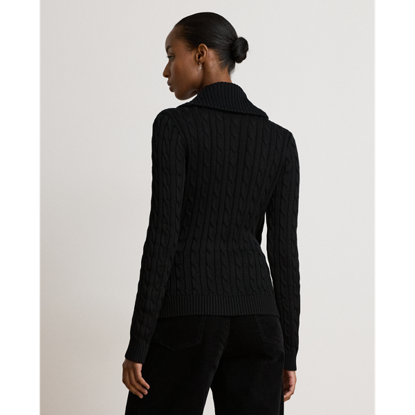 Black Cable Cotton-Blend Shawl-Collar Sweater Lauren Petite 5