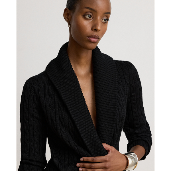 Black Cable Cotton-Blend Shawl-Collar Sweater Lauren Petite 6