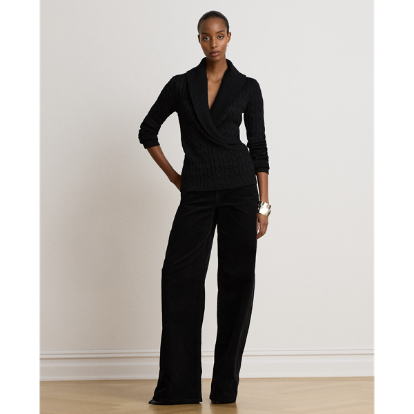 Black Cable Cotton-Blend Shawl-Collar Sweater Lauren Petite 7