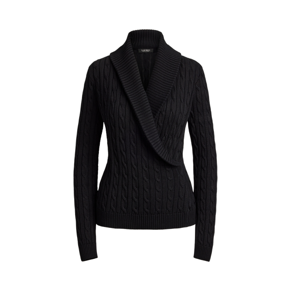Black Cable Cotton-Blend Shawl-Collar Sweater Lauren Petite 2