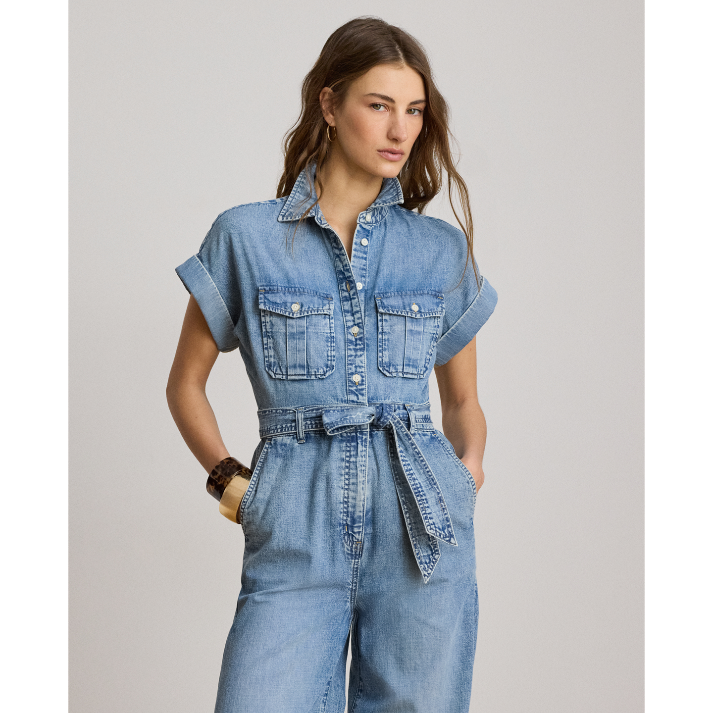 Женский комбинезон Ralph Lauren Belted Denim Wide-Leg Jumpsuit, цвет: Варёный — фото 1