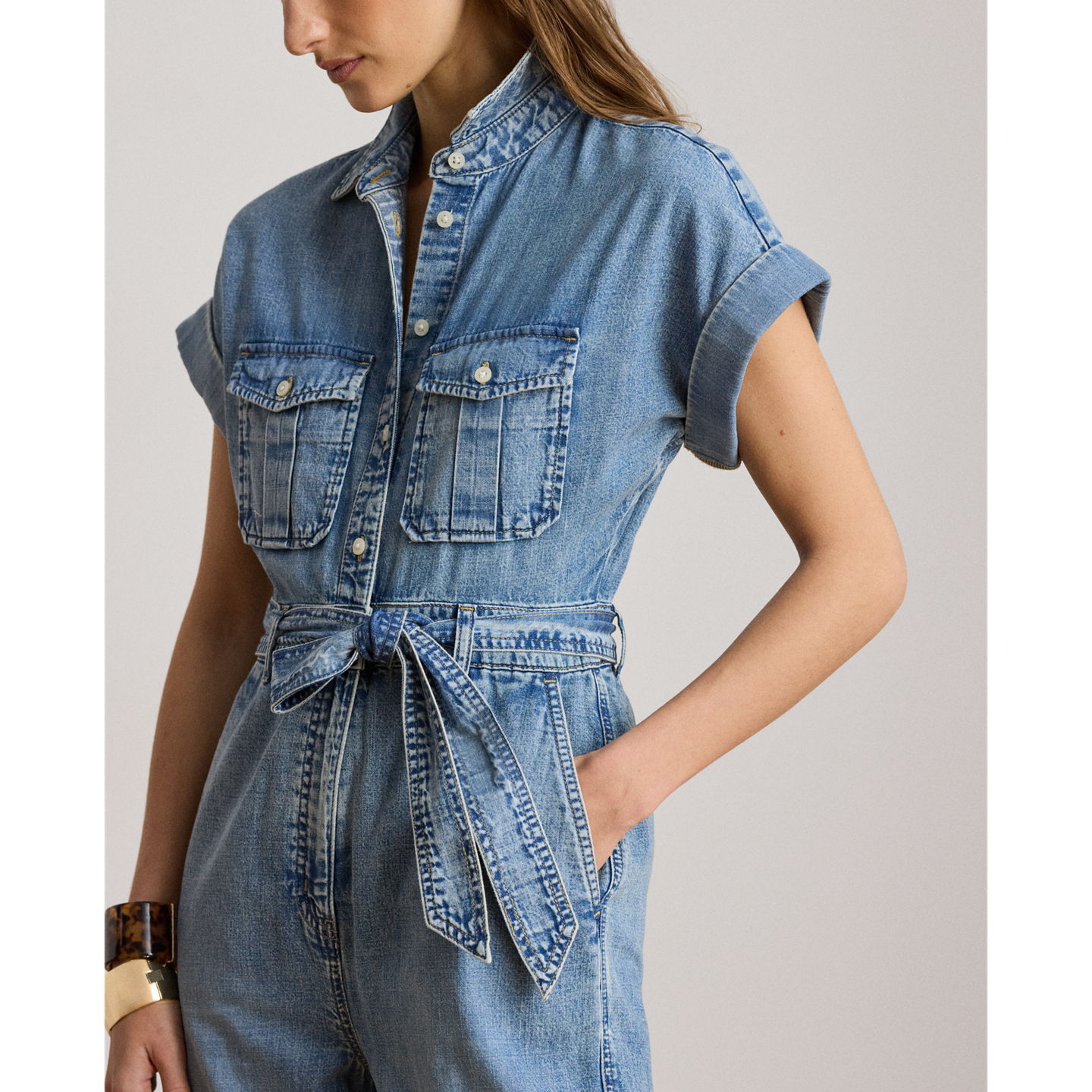 Женский комбинезон Ralph Lauren Belted Denim Wide-Leg Jumpsuit, цвет: Варёный — фото 3