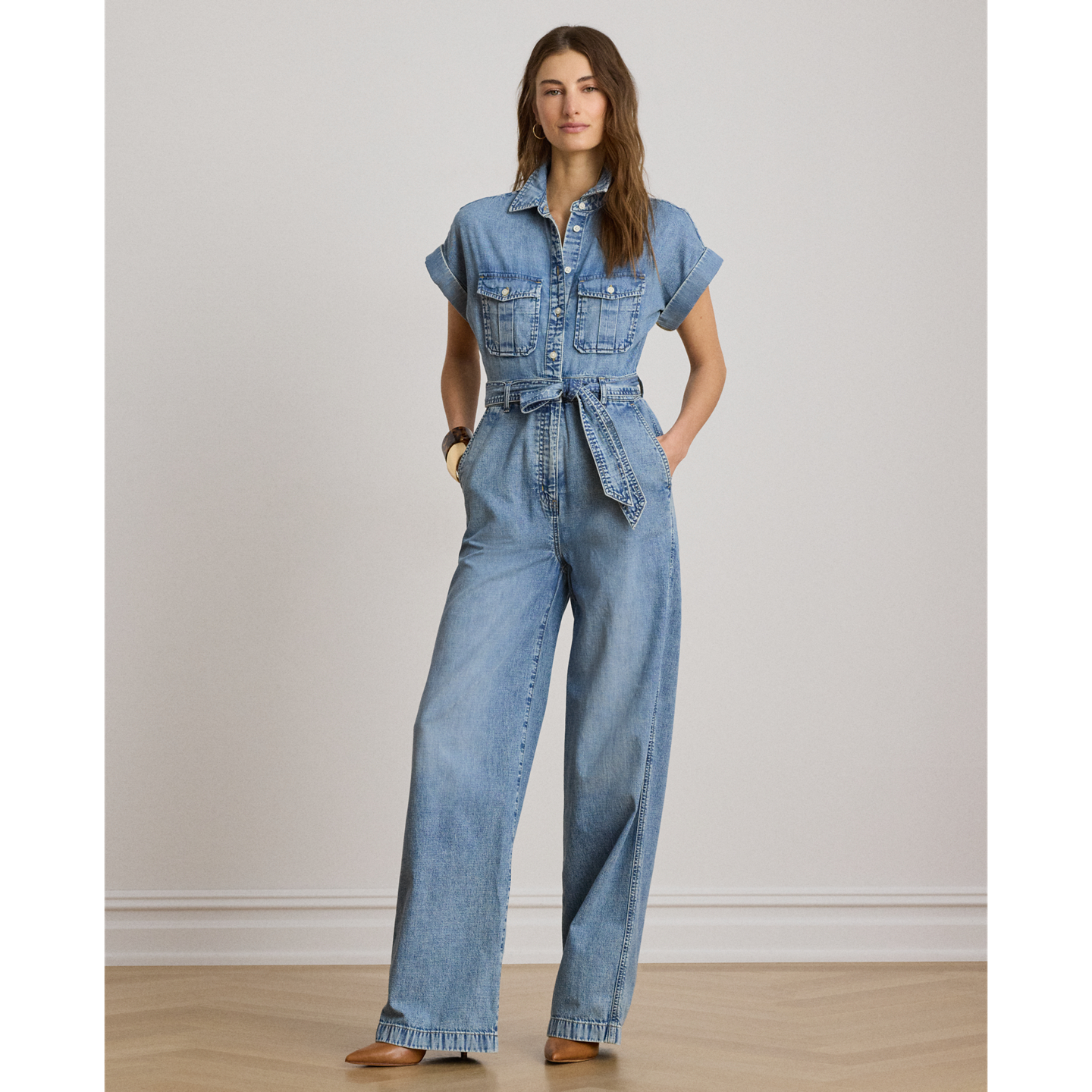 Женский комбинезон Ralph Lauren Belted Denim Wide-Leg Jumpsuit, цвет: Варёный — фото 4