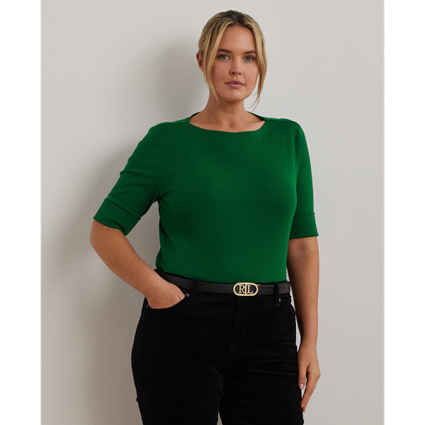 Deep Emerald Stretch Cotton Boatneck Tee Lauren Woman 1