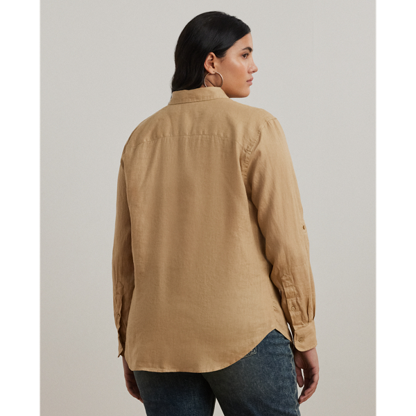 売れ筋商品|||ラルフローレン カットソー トップス レディース Plus Size 100% Linen Roll-Tab Shirt Birch Tan Women's Lauren Ralph Lauren Plus-Size Linen Roll Tab–Sleeve