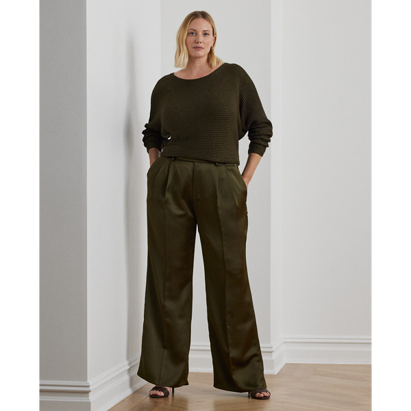 Botanic Green Pleated Satin Charmeuse Wide-Leg Pant Lauren Woman 1