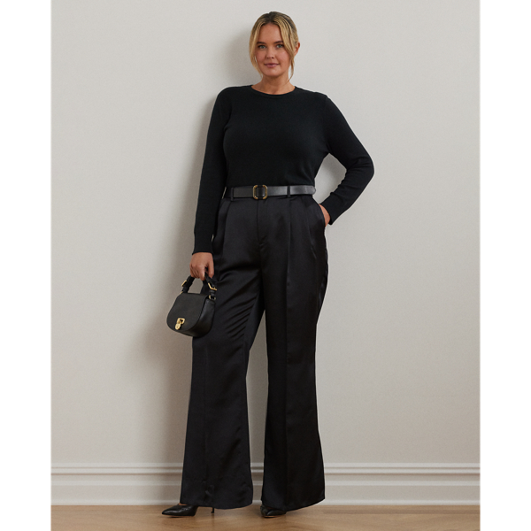 Black Pleated Satin Charmeuse Wide-Leg Pant Lauren Woman 1