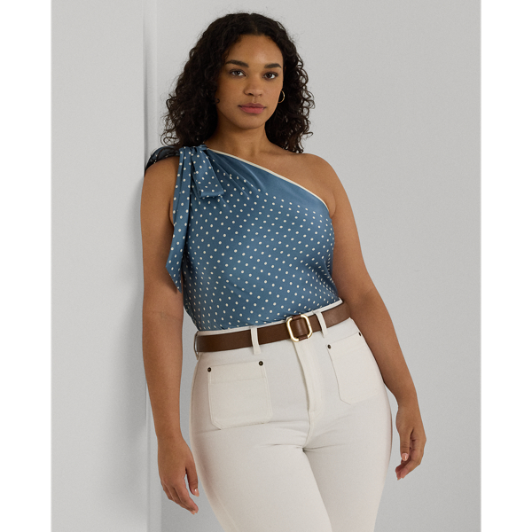 Blue/Cream Polka-Dot Charmeuse One-Shoulder Blouse Lauren Woman 1