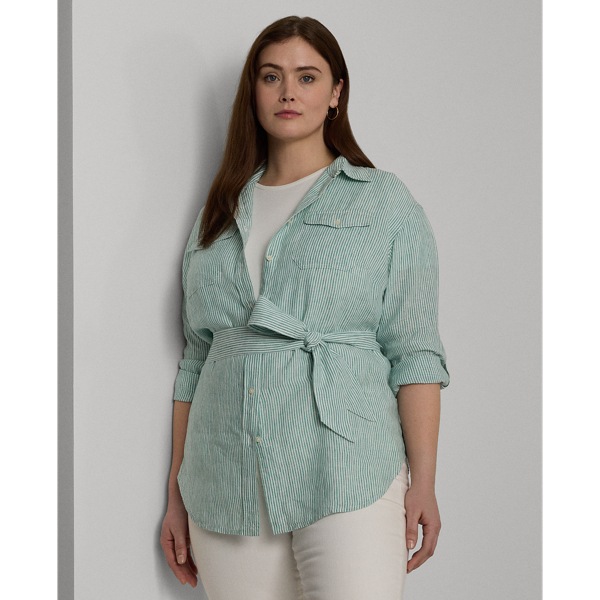 Soft Laurel/White Relaxed Fit Striped Belted Linen Shirt Lauren Woman 1