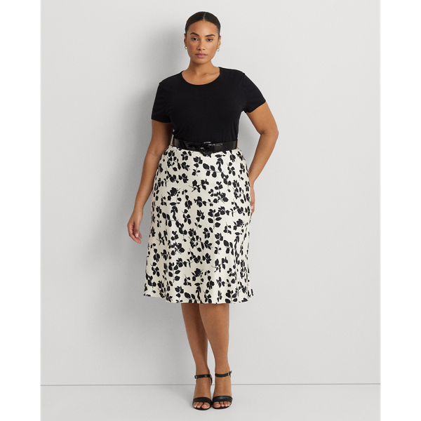 Cream/Black Leaf-Print Satin Charmeuse Midi Skirt Lauren Woman 1