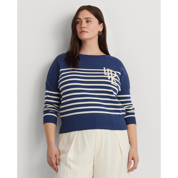 Indigo Dusk Heather/Cream Logo Striped Cotton Boatneck Sweater Lauren Woman 1