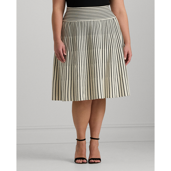 Mascarpone Cream/Black Striped Cotton-Blend Midi Skirt Lauren Woman 1