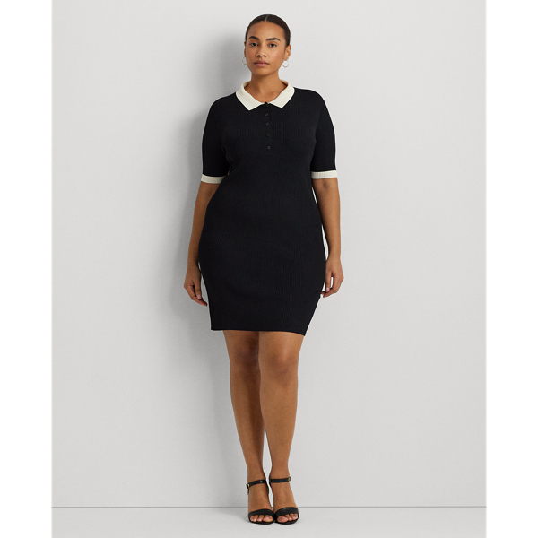 Two-Tone Rib-Knit Polo Sweater Dress