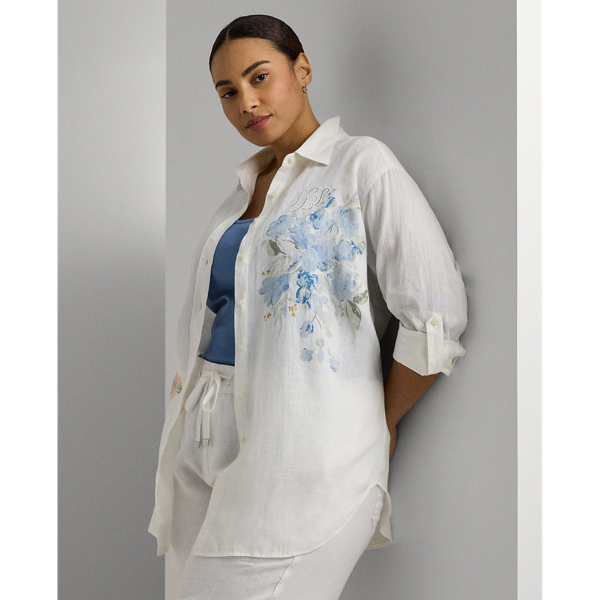 White Oversize Floral Eyelet-Logo Linen Shirt Lauren Woman 1