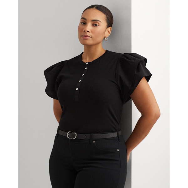 Black Stretch Cotton Flutter-Sleeve Henley Top Lauren Woman 1