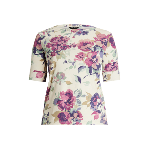 Gebloemd katoenen T-shirt met boothals
